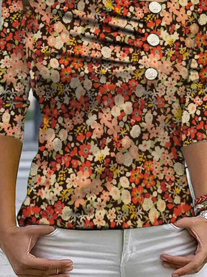 Floral Casual V Neck Buttoned Three Quarter T-Shirt
