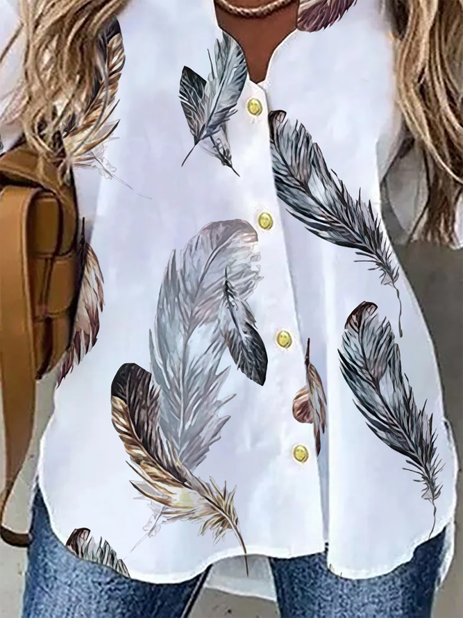 Casual Feather V Neck Long Sleeve Blouse