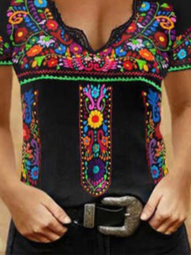 Tribal Lace V Neck Short Sleeve Casual T-Shirt