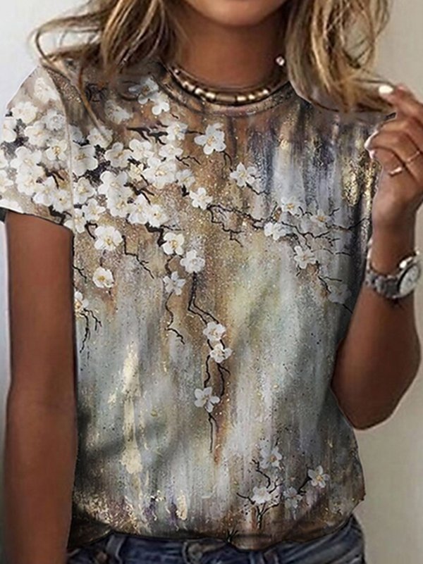 Casual Crew Neck Floral Short Sleeve T-Shirt