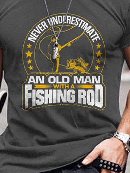Men's Vintage Fishing Letters Print Casual Loose Crew Neck T-Shirt