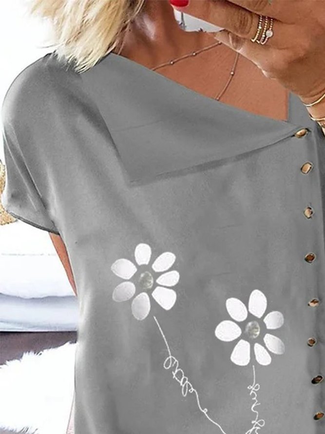 Buttoned Floral Short Sleeve Plus Size Casual Tops