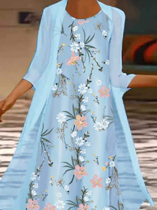 Three Quarter Sleeves Floral Printed Loose Weaving Dress Suits
