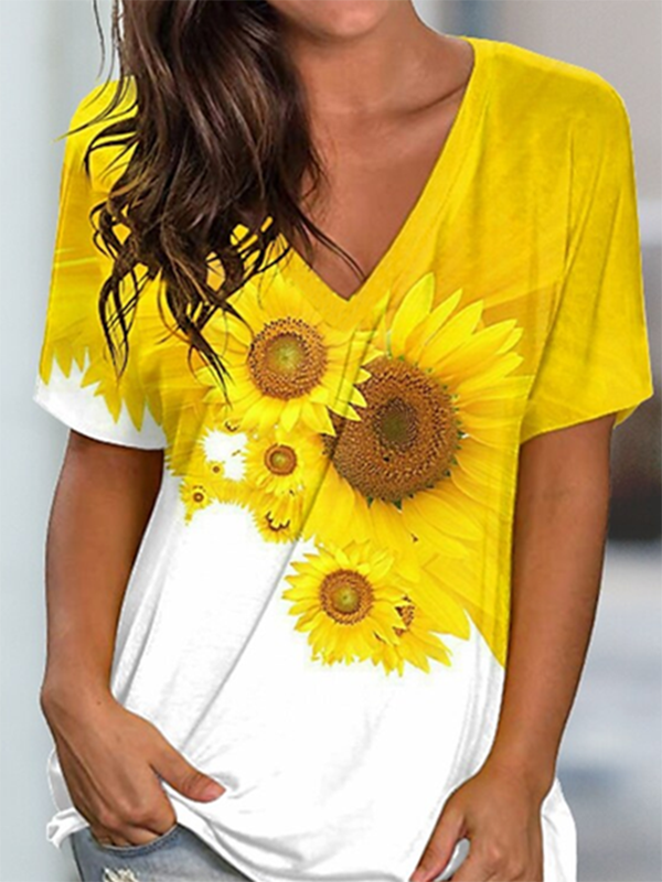 V neck Sunflower Short Sleeve Casual T-Shirt
