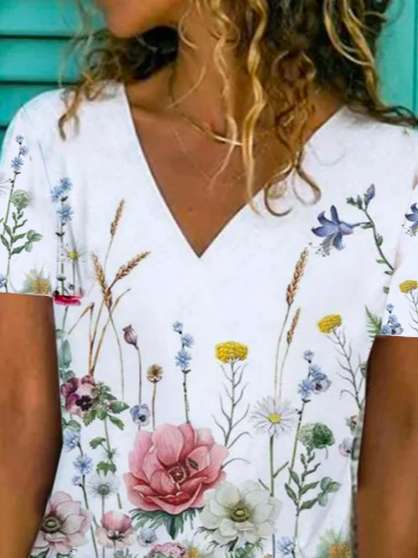 Floral  Short Sleeve  Printed  Cotton-blend V neck  Vintage  Summer White T-Shirt