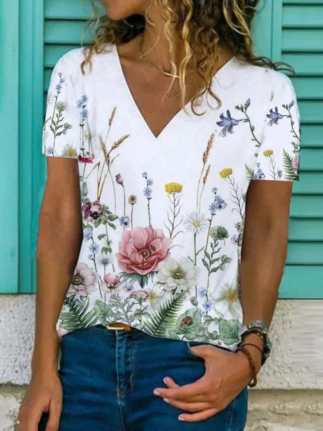 Floral  Short Sleeve  Printed  Cotton-blend V neck  Vintage  Summer White T-Shirt