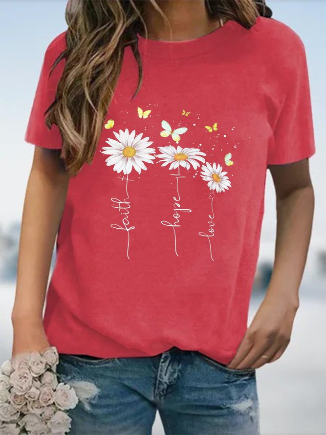 Daisy Floral Short Sleeve Crew Neck Casual T-shirts