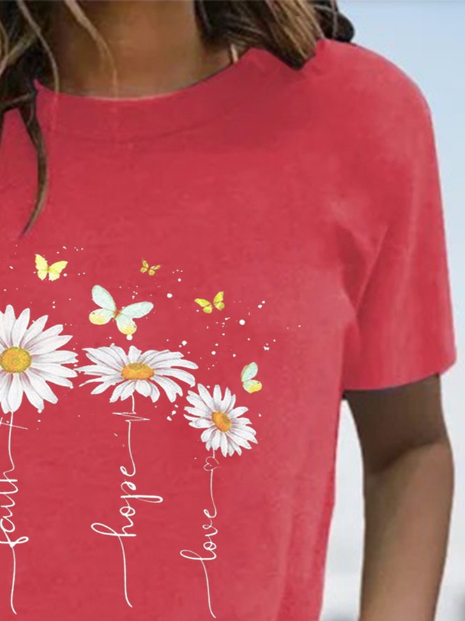 Daisy Floral Short Sleeve Crew Neck Casual T-shirts