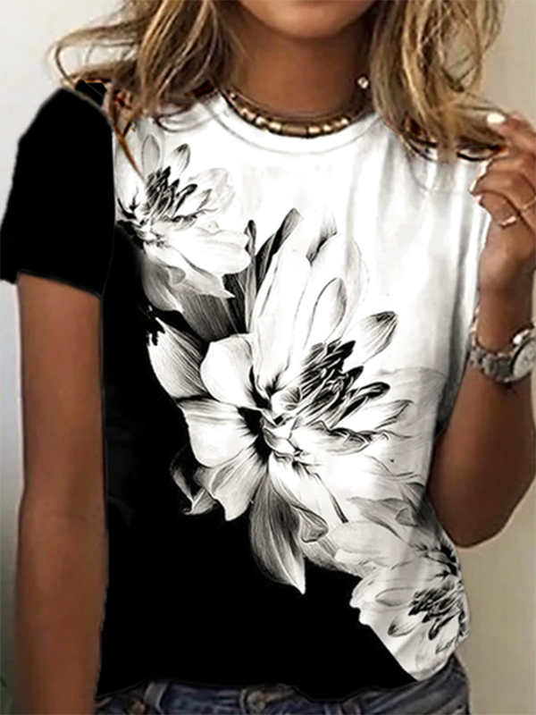 Floral Casual Crew Neck Short Sleeve T-Shirt