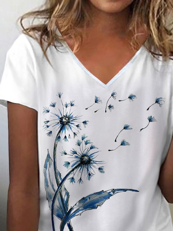 Vacation Dandelion Floral Printed Casual Loosen V Neck Short Sleeve T-Shirt