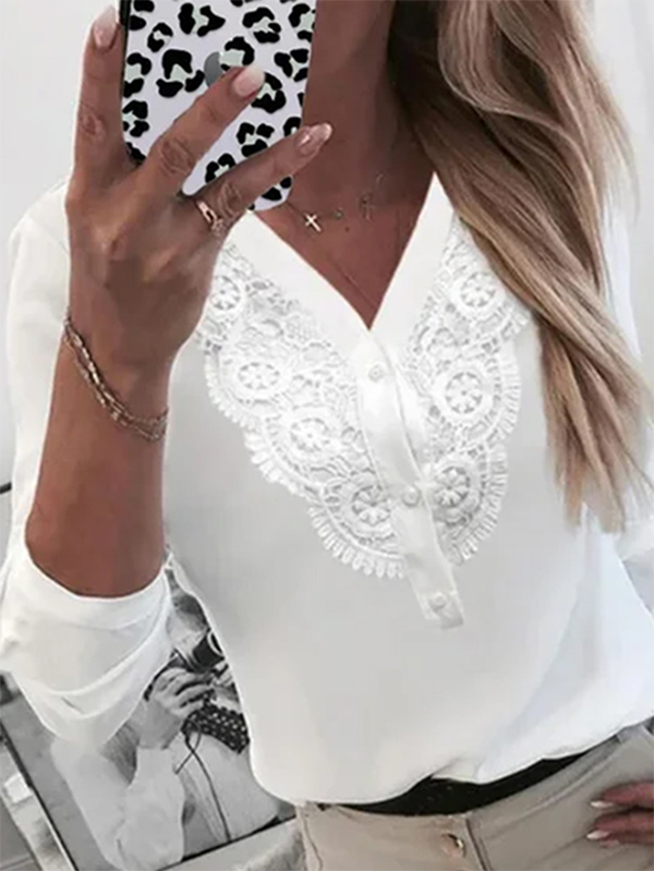 Lace V Neck Long Sleeve Casual Shirts & Tops