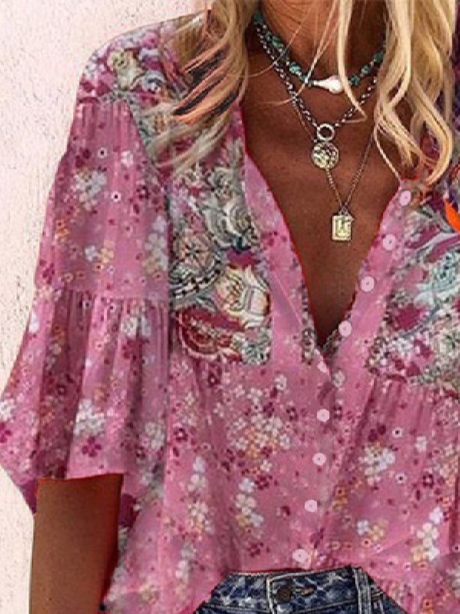 Casual Floral V neck Mid Sleeve Loosen Blouse