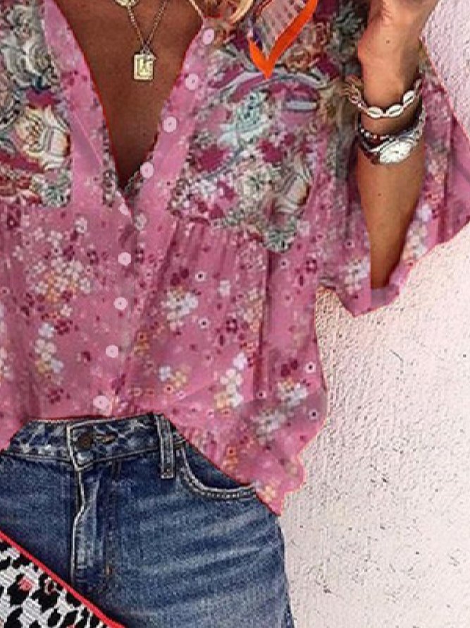 Casual Floral V neck Mid Sleeve Loosen Blouse
