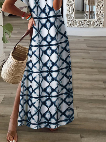 Vacation Boho Tribal Geometric Tie Dye Casual Loosen Slit V Neck Short Sleeve Long Knit Dress