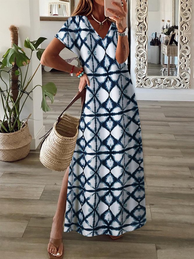Vacation Boho Tribal Geometric Tie Dye Casual Loosen Slit V Neck Short Sleeve Long Knit Dress