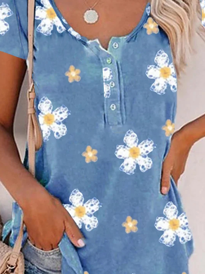 Floral Crew Neck Buttoned Short Sleeve T-Shirt