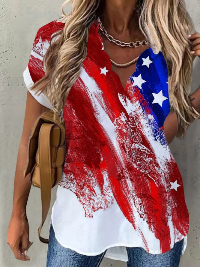 Casual American Flag Short Sleeve V Neck Printed Top