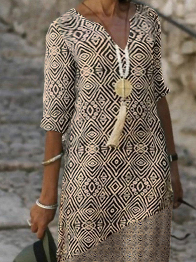 Tribal Geometric Printed Boho Loosen V Neck Short Sleeve Midi Woven Dress