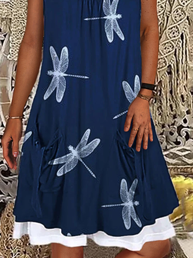 Women Summer Casual Cotton Printed Sleeveless Linen Dresses(Contains lining)