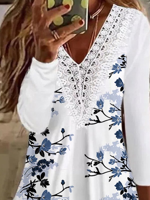 Lace Casual Floral V Neck Long Sleeve T-Shirt