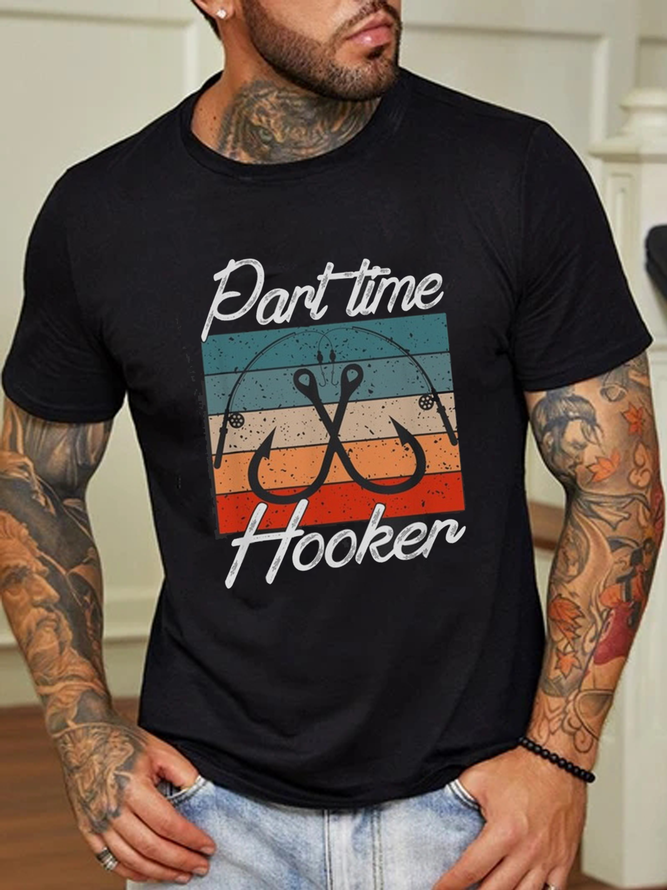 Casual Vintage Part Time Fishing Hook Graphic Print Short Sleeve T-Shirt