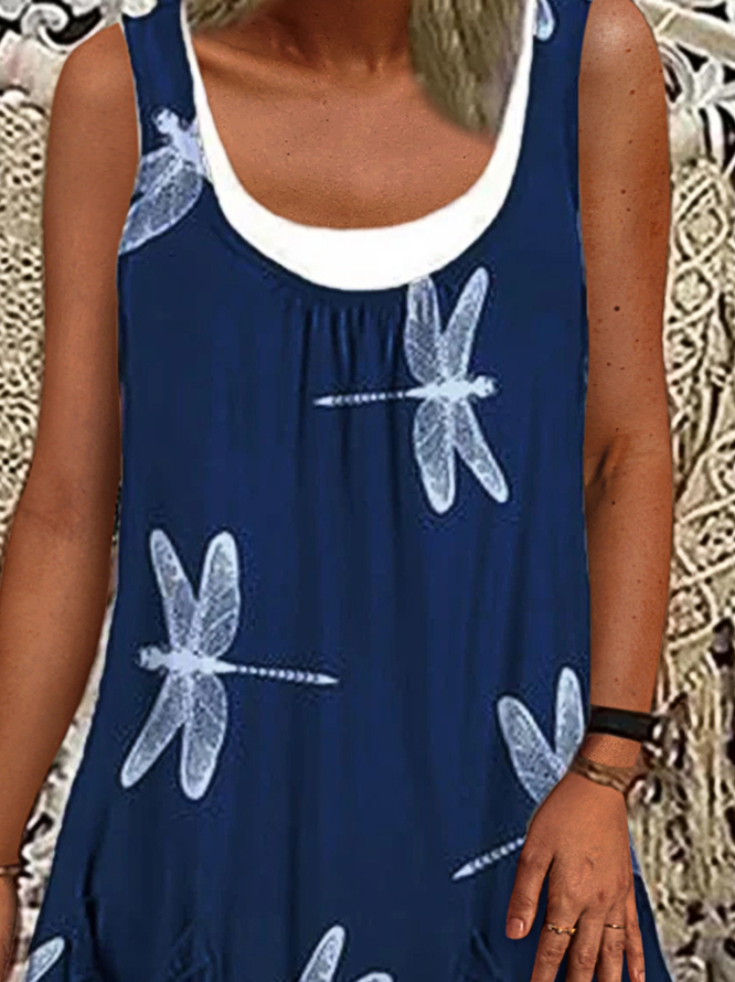 Women Summer Casual Cotton Printed Sleeveless Linen Dress(Contains lining)