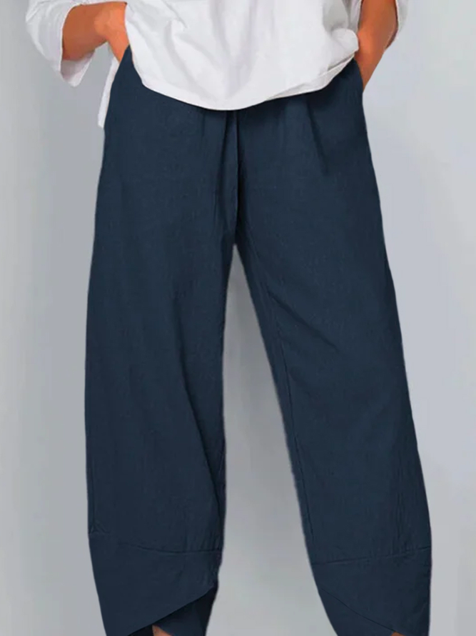 Navy Blue Casual Cotton-Blend Plain Pants