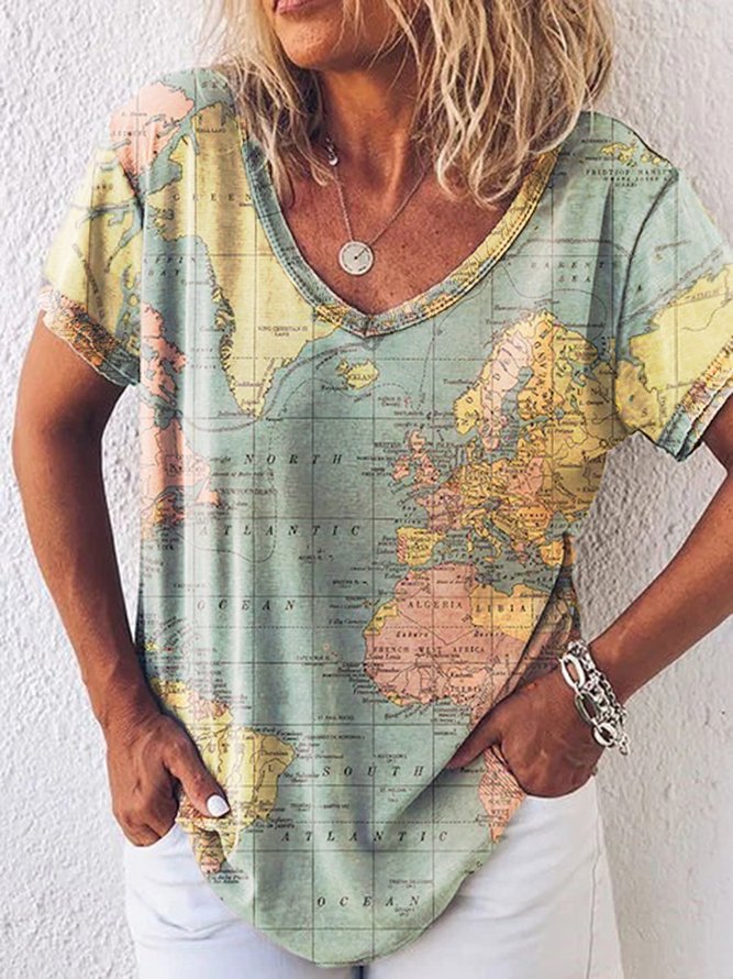 Women's Summer Printed Cotton V Neck Casual T-shirt