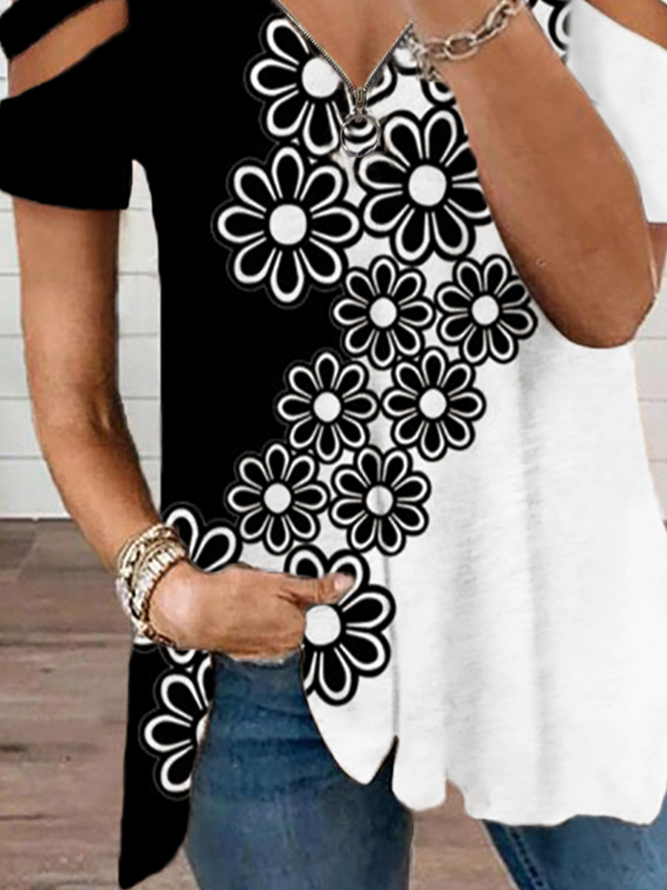 Plus size Casual Floral V Neck Short Sleeve T-Shirt