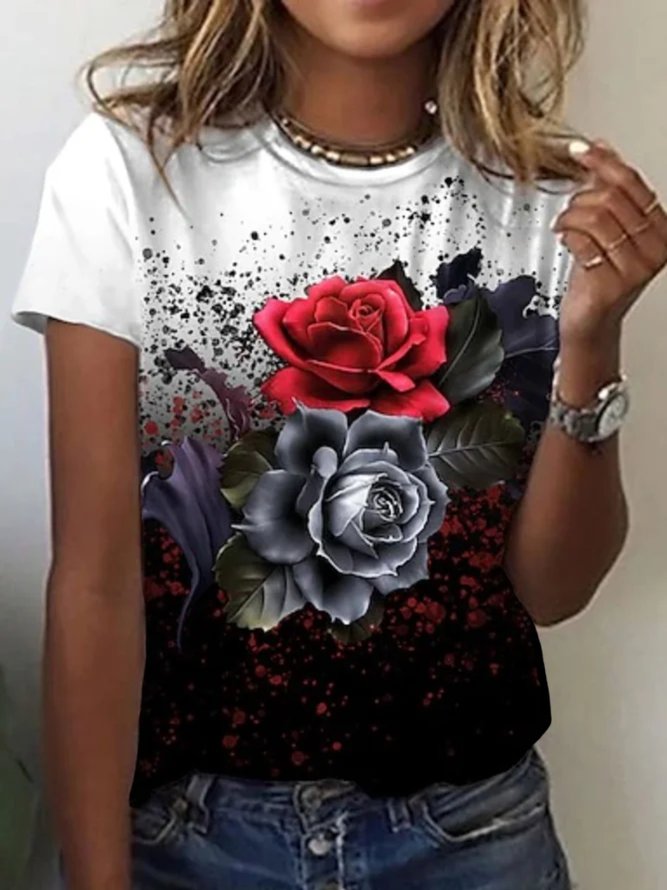 Casual Floral Short Sleeve Round Neck Printed Top T-shirt