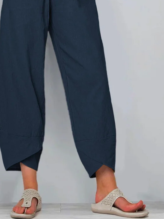 Navy Blue Casual Cotton-Blend Plain Pants