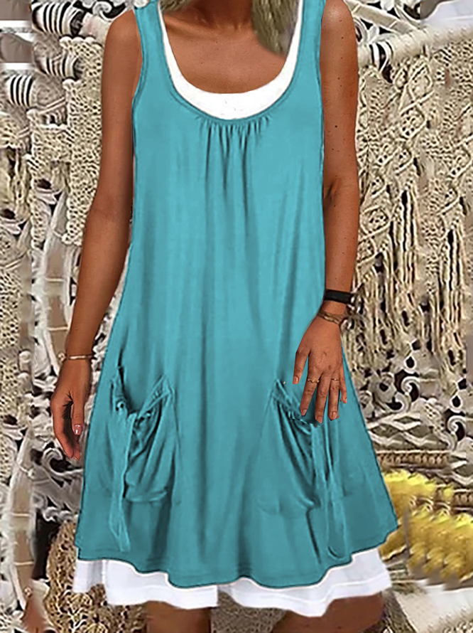Women Casual Summer Pockets Sleeveless A-Line Mini Dresses(Contains lining)