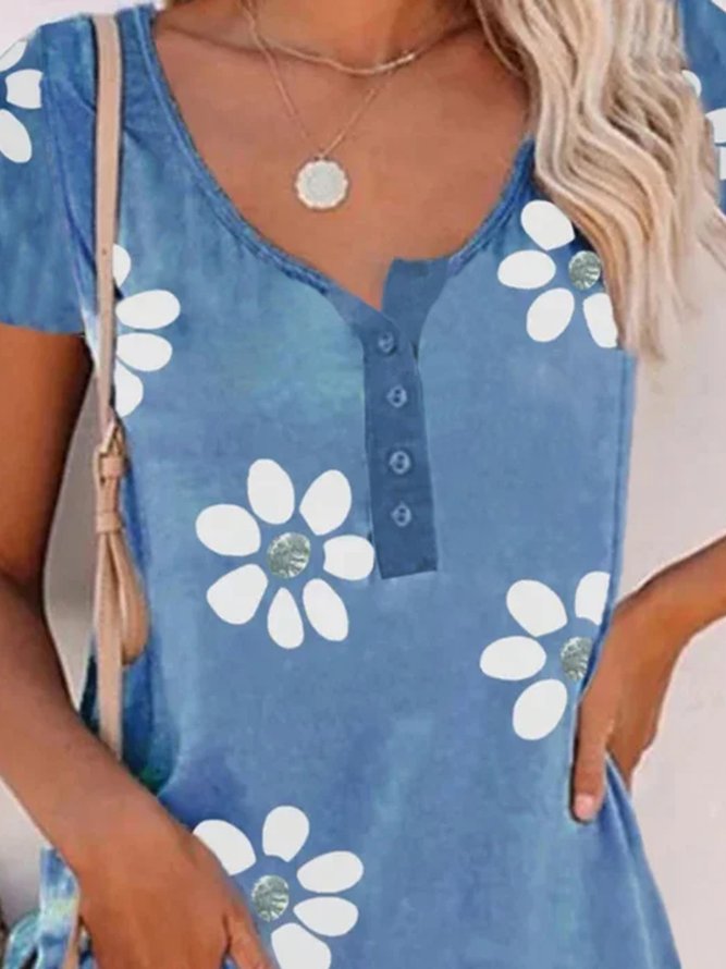 Casual Floral Short Sleeve V Neck Printed Top T-shirt