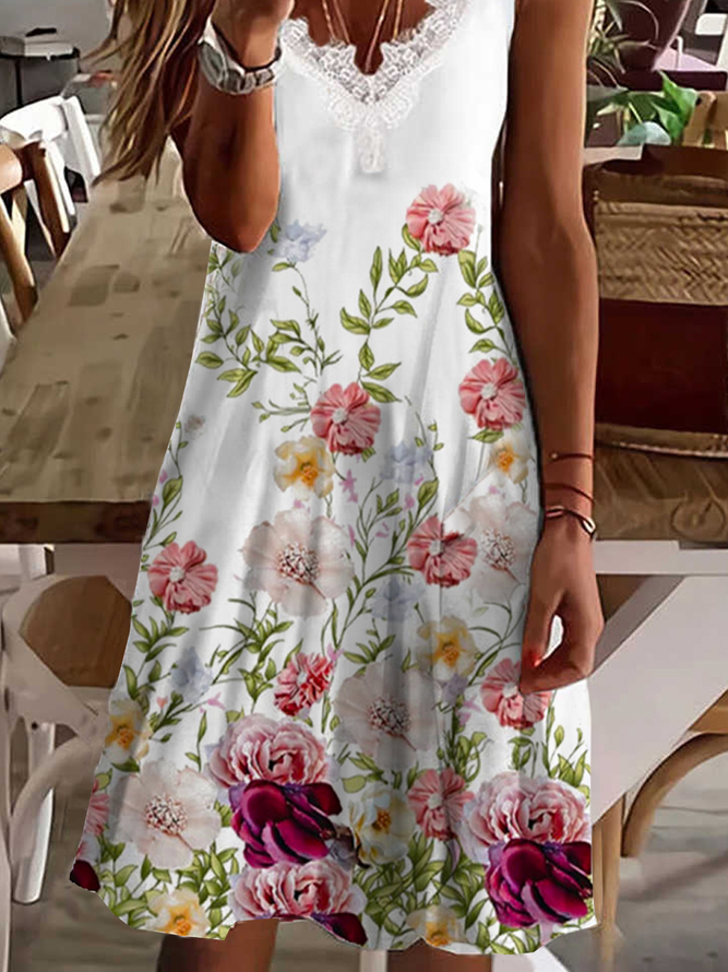 Vacation Romantic Floral Printed Casual Loosen V Neck Midi Sleeveless Knitting Dress