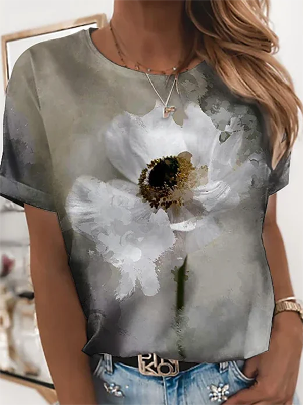 Floral Crew Neck Short Sleeve Casual T-Shirt