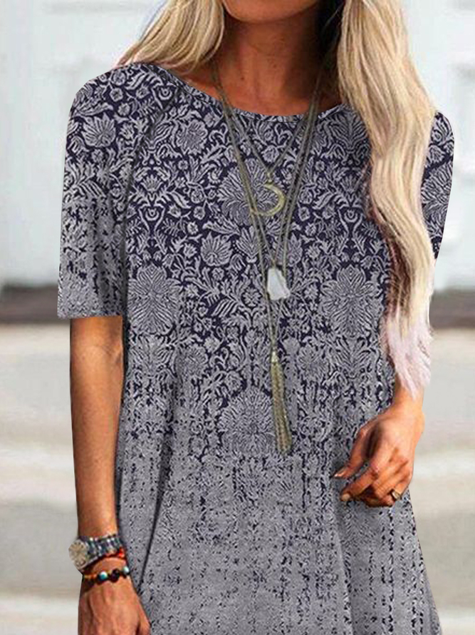 Boho Geometric Tribal Floral Loosen Crew Neck Tunic Short Sleeve T-Shirt