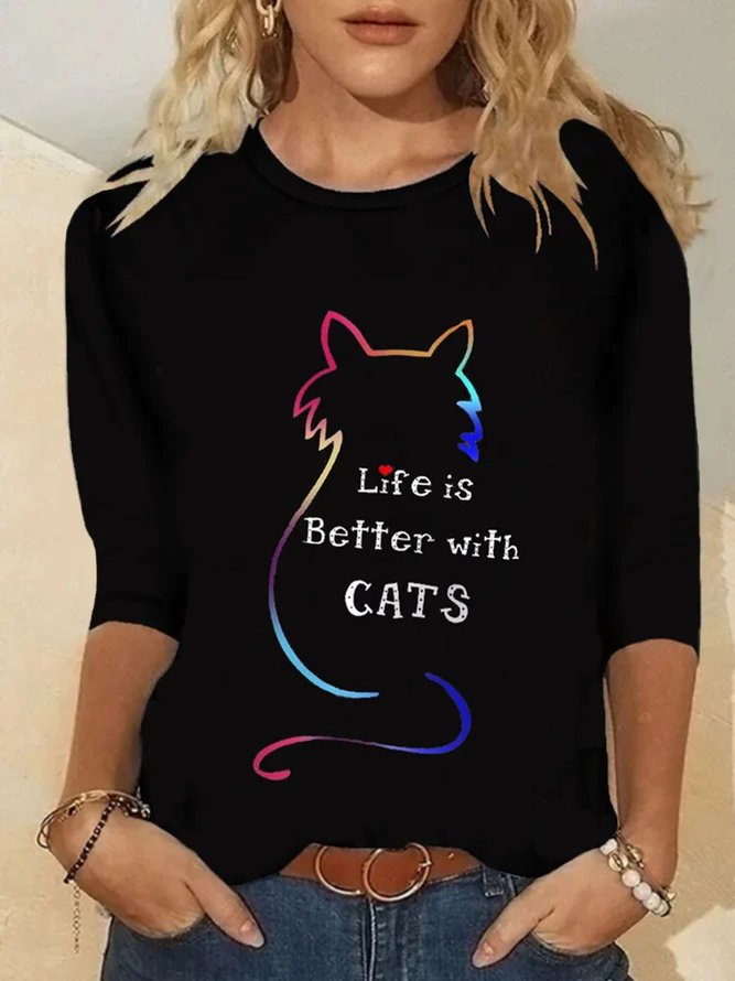 Life Is Better With Cats Long Sleeve Round Neck Printed Top T-shirt