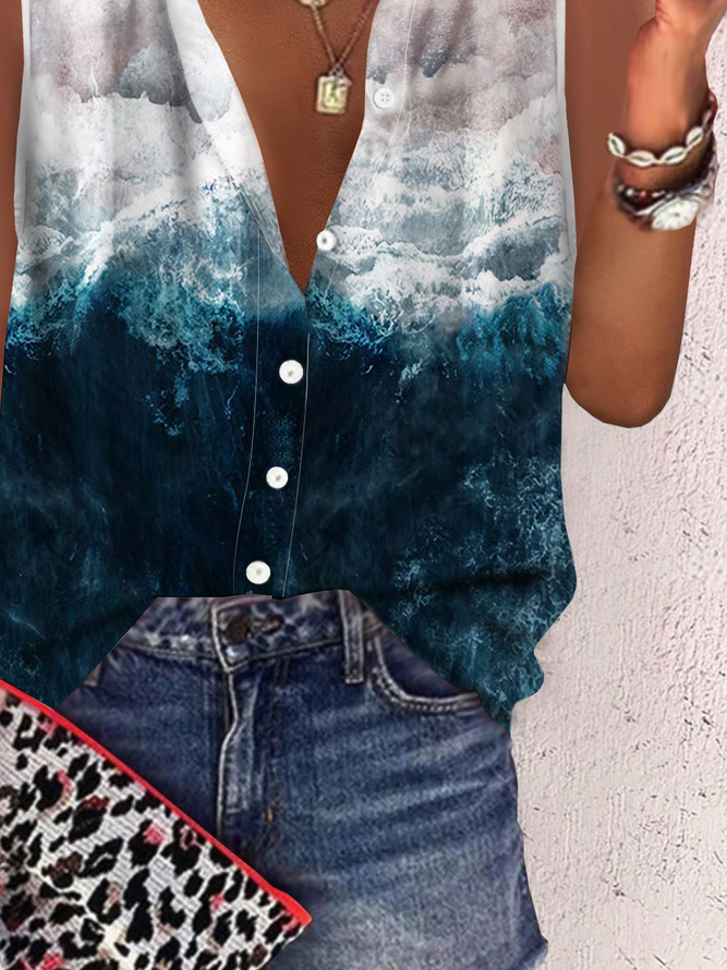 Vacation Landscape Print Casual Loosen Buttoned V Neck Short Sleeve Blouse