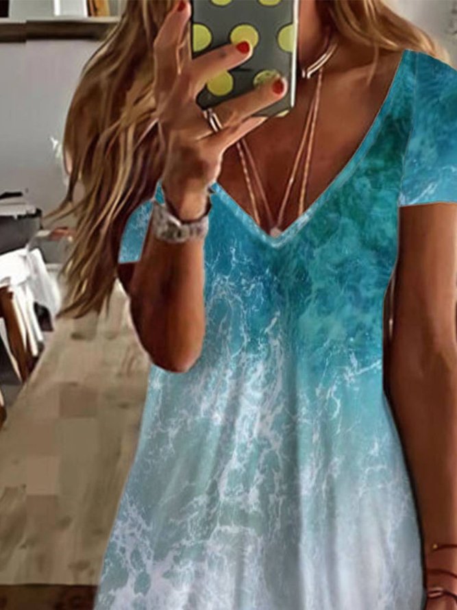 Casual Painted V Neck Short Sleeve Dress