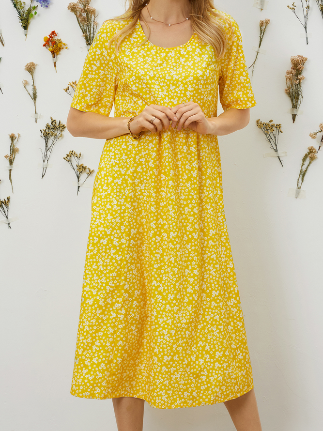 Women Casual Flora-Print Short Sleeve Casual Dresses