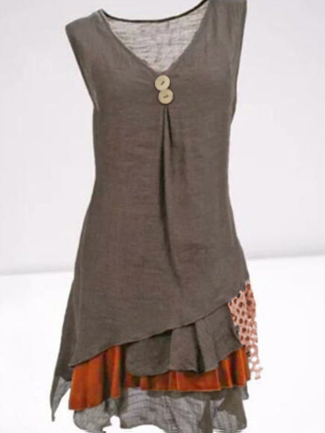 Women Paneled Vintage Cotton-Blend Sleeveless V Neck Summer Dresses