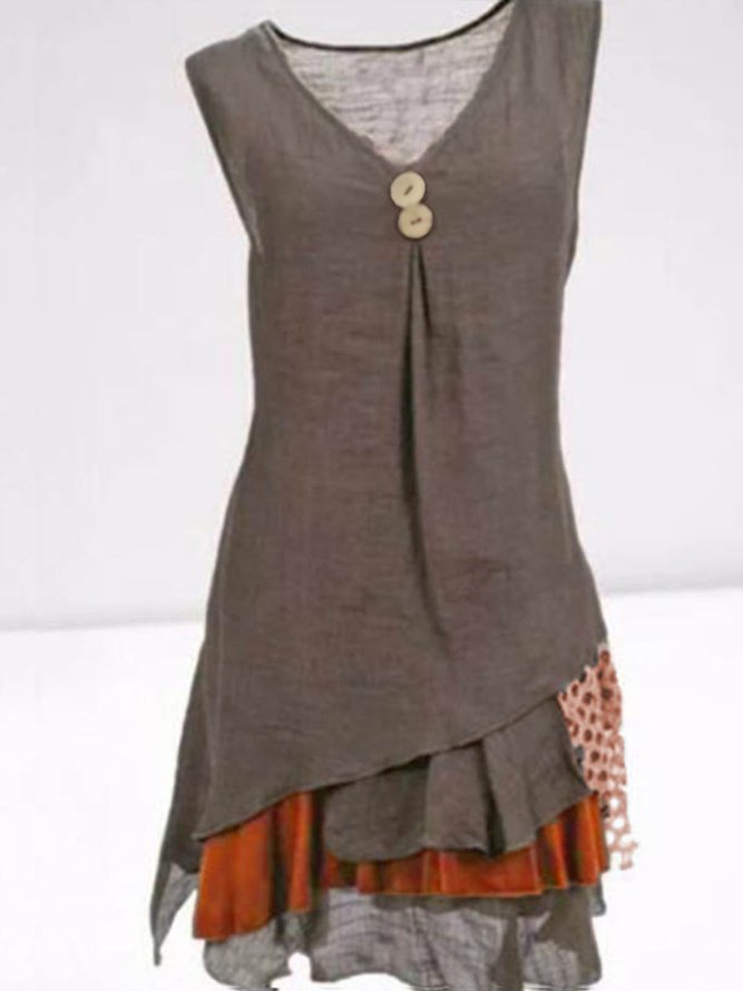 Women Paneled Vintage Cotton-Blend Sleeveless V Neck Summer Dress