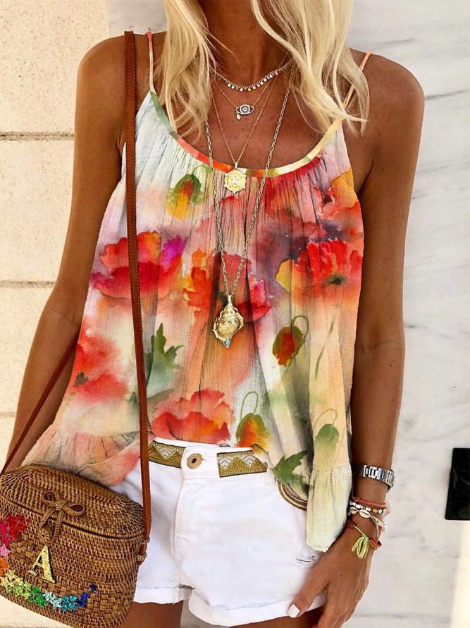 Casual Floral Sleeveless Round Neck Printed Top Vests