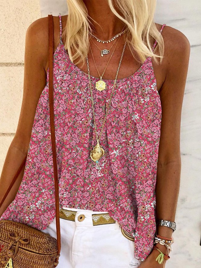 Casual Floral Sleeveless Round Neck Plus Size Printed Top Vests