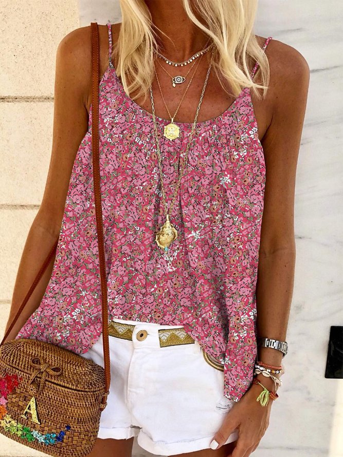 Casual Floral Sleeveless Round Neck Plus Size Printed Top Vests