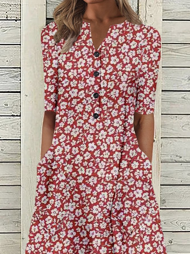 Floral Half Sleeve Buttoned Plus Size Casual Woven Dress