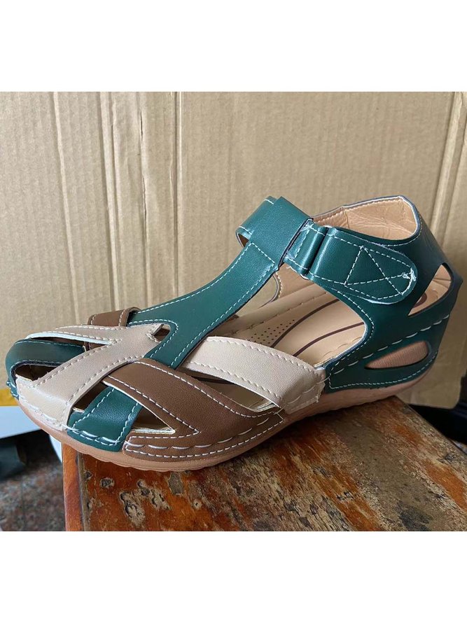 Faux Leather Vintage Contrast Comfortable Velcro Sandals