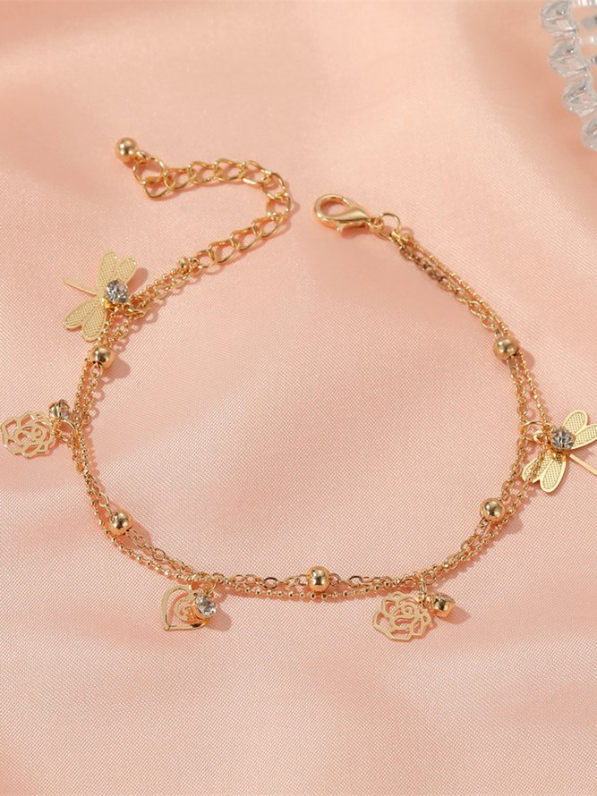 Holiday Style Beach Rose Dragonfly Zircon Multilayer Anklet