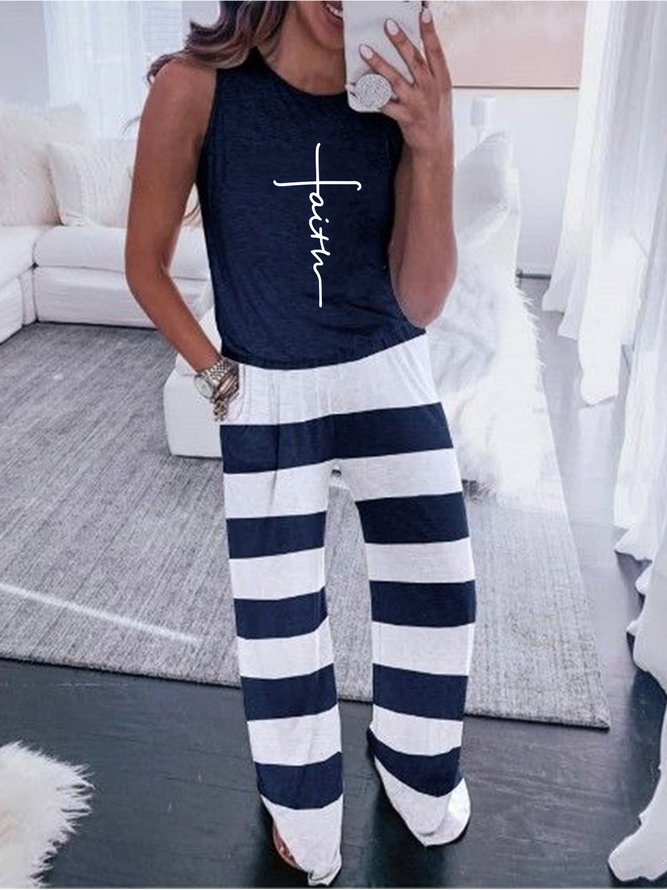 Casual Crew Neck Striped Sleeveless Two Piece Sets