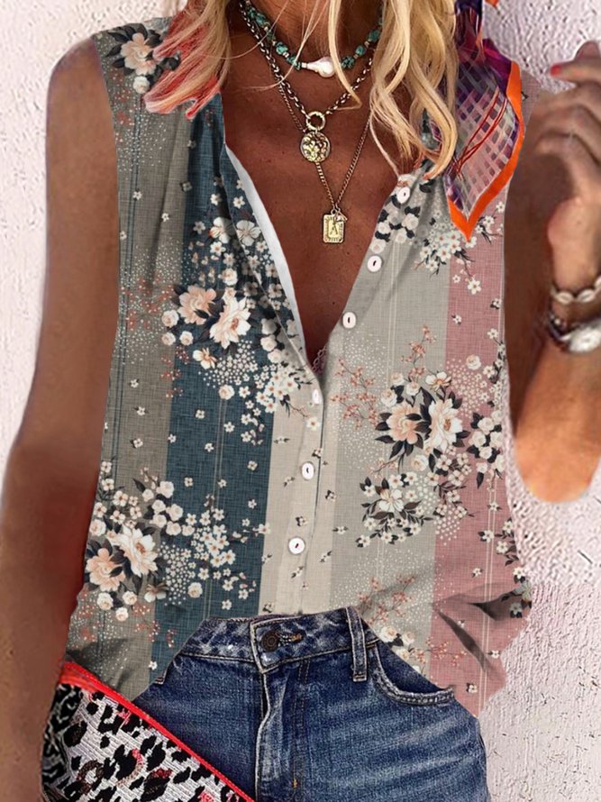 Casual Floral Sleeveless Plus Size Printed Blouses